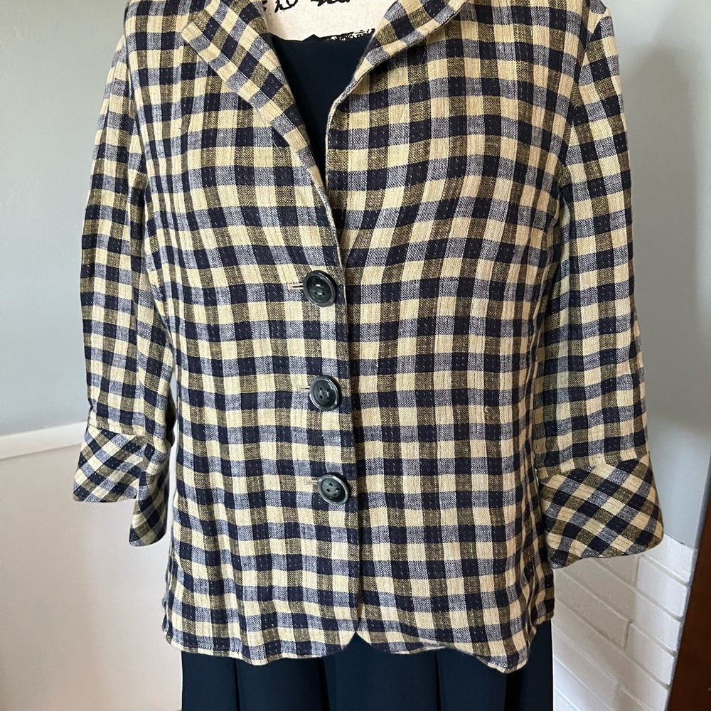 Jones New York linen blazer blue and tan check